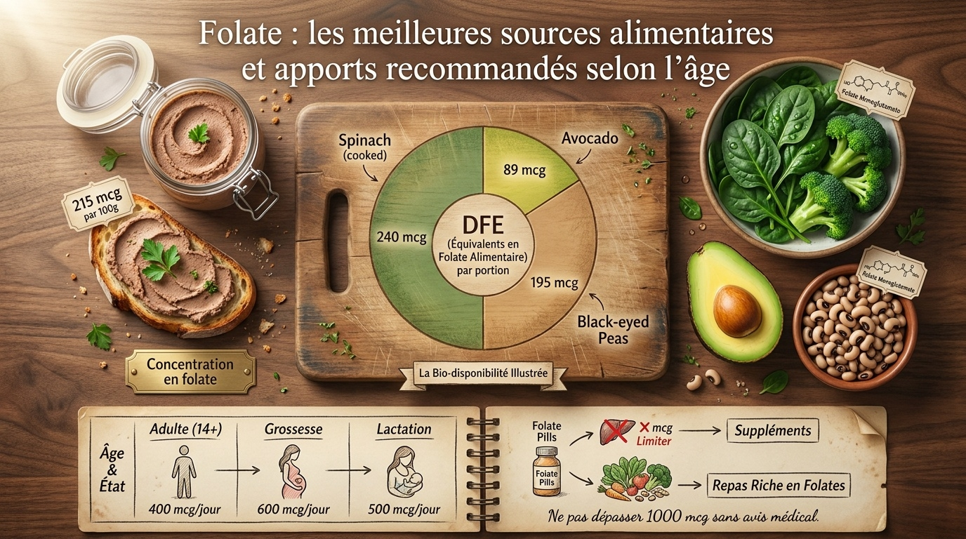Vue pratique des sources alimentaires en folate et tableaux des apports recommandés par classe d'âge et état physiologique.