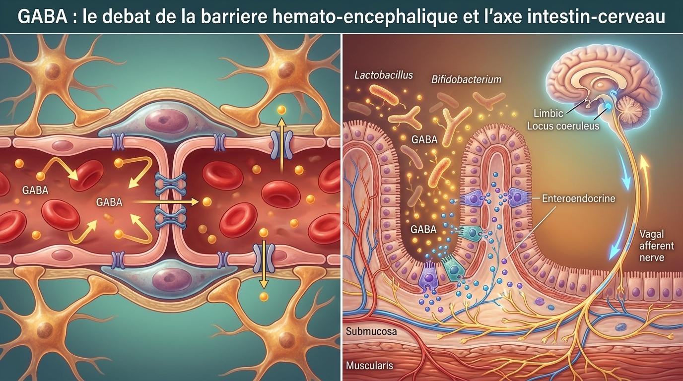 Illustration du double débat – passage limité de la BHE et voie alternative via l'axe microbiote‑intestin‑cerveau.