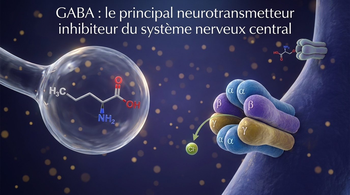 Vue scientifique du GABA, neurotransmetteur inhibiteur qui ralentit l'activité neuronale, opposé au glutamate excitateur.
