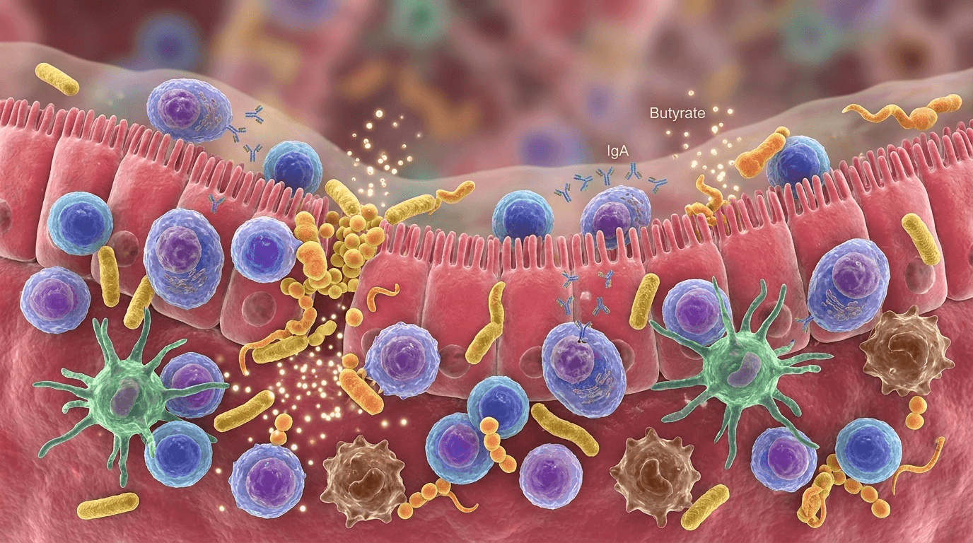 Coupe immunologique haute précision illustrant le GALT (gut-associated lymphoid tissue) et le dialogue entre cellules immunitaires et bactéries commensales au sein de la paroi intestinale.