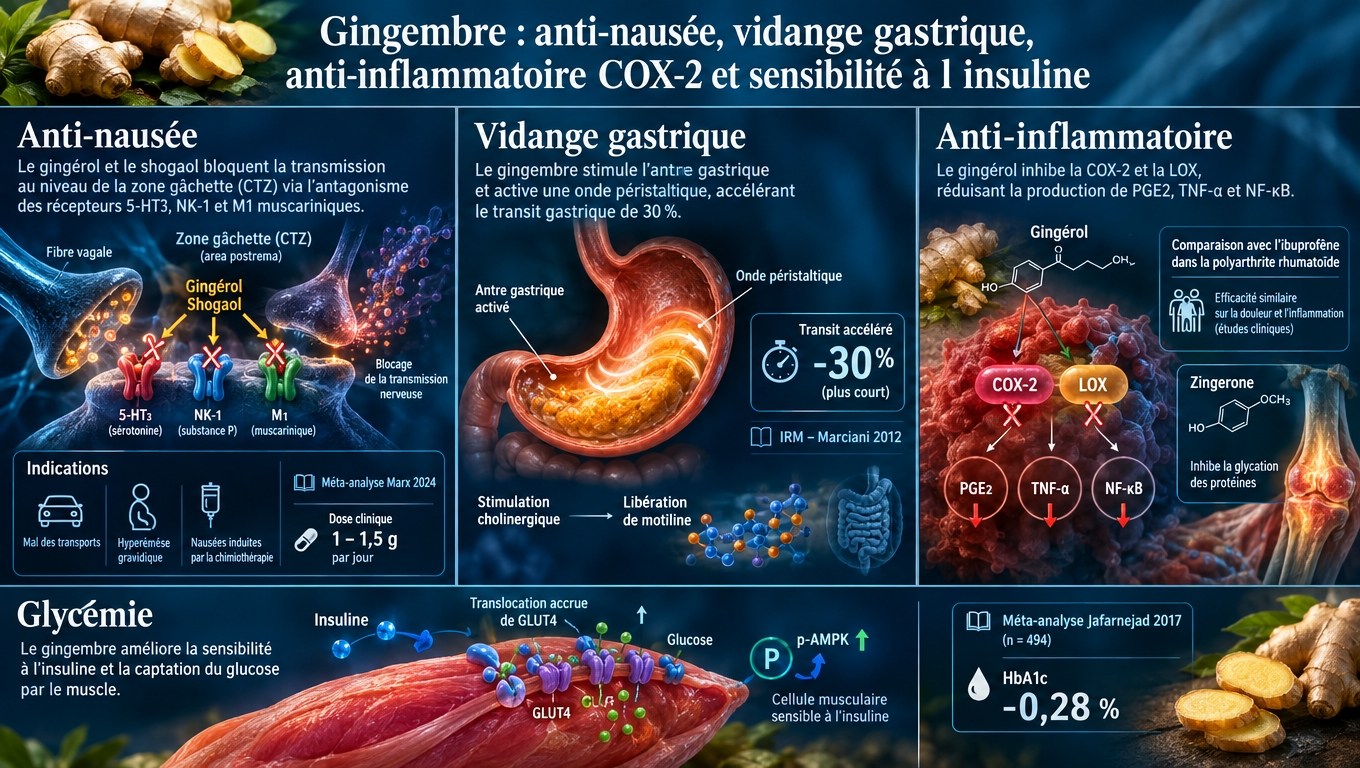 Spectre complet des bénéfices documentés du gingembre – anti‑nausée le plus solide, vidange gastrique, anti‑inflammatoire comparable AINS et adjonction glycémie/insuline.