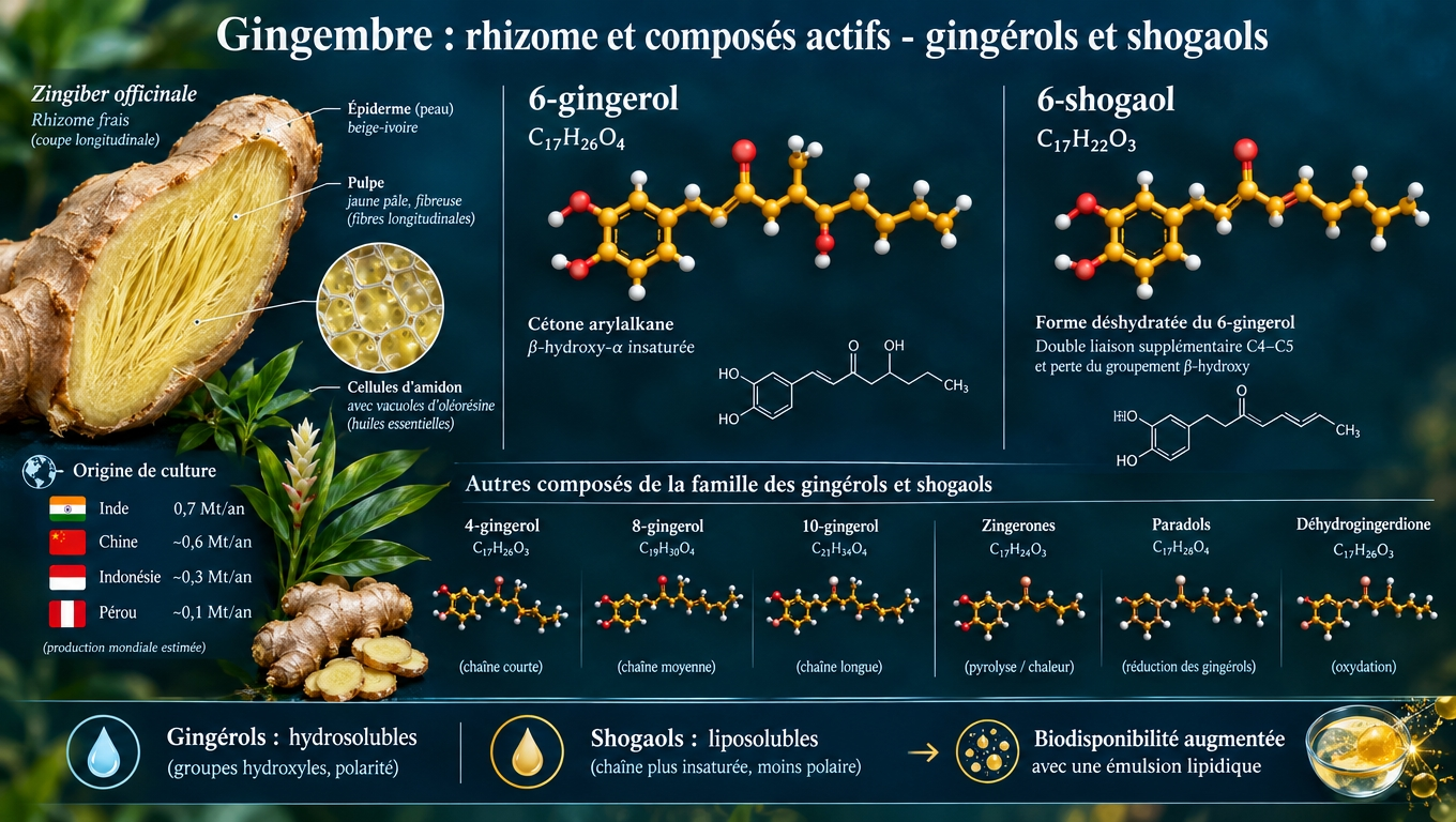 Vue botanique du rhizome et cartographie des composés phénoliques actifs (gingérols → shogaols → paradols/zingerones).