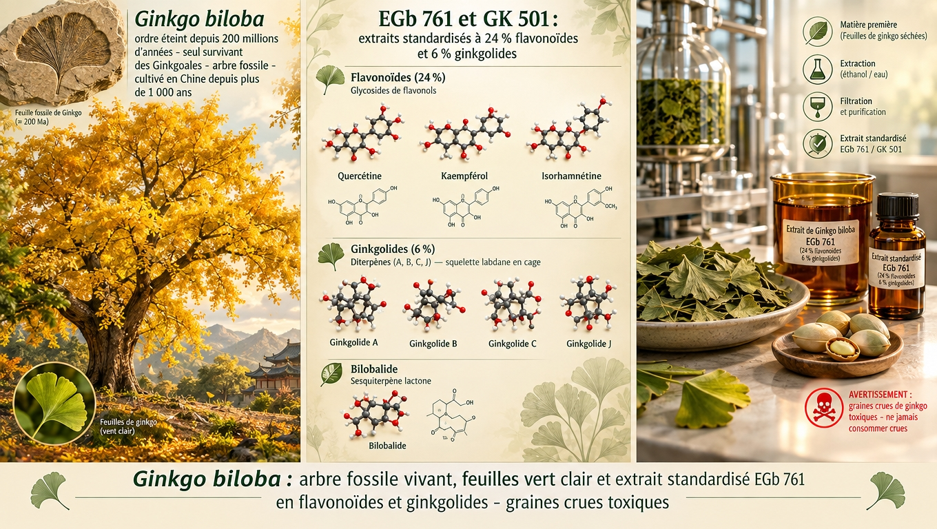 Ginkgo biloba, survivant d'un ordre disparu il y a 200 millions d'années ; ses feuilles concentrent flavonoïdes (24 %) et ginkgolides (6 %) dans l'extrait EGb 761®, mais les graines crues sont toxiques.