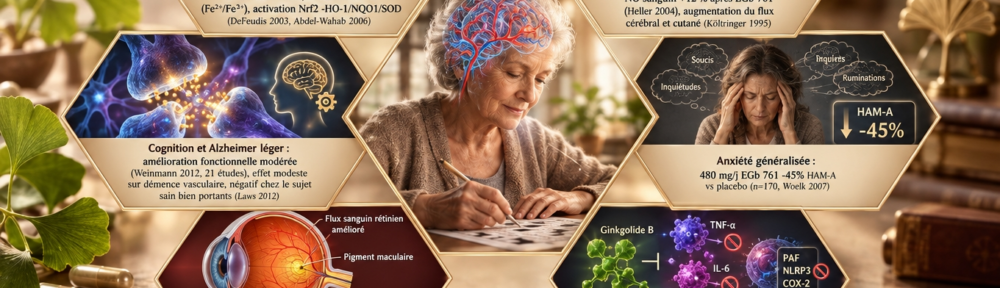 Infographie hexagonale en nid d'abeille sur fond crème‑bronze‑bordeaux. Au centre, personne âgée sereine effectuant une tâche cognitive avec réseau vasculaire cérébral mis en évidence, évoquant l'amélioration de la microcirculation. Six hexagones : (1) haut‑gauche, protéine Nrf2 et KEAP1 avec élément de réponse antioxydant (ARE), ROS capturés par flavonoïdes — « Stress oxydatif : piégeage direct des radicaux libres, chélation Fe²⁺/Fe³⁺, activation Nrf2‑HO‑1/NQO1/SOD (DeFeudis 2003, Abdel‑Wahab 2006) » ; (2) haut‑droite, coupe d'artère avec augmentation du NO et indication de vasodilatation — « NO et circulation périphérique : NO sanguin +12 % après EGb 761 (Heller 2004), augmentation du flux cérébral et cutané (Költringer 1995) » ; (3) centre‑gauche, synapse neurale avec icône soutien cognitif — « Cognition et Alzheimer léger : amélioration fonctionnelle modérée (Weinmann 2012, 21 études), effet modeste sur démence vasculaire, négatif chez le sujet sain bien portant (Laws 2012) » ; (4) centre‑droite, personne entourée de pensées anxieuses avec échelle HAM‑A ‑45 % — « Anxiété généralisée : 480 mg/j EGb 761 ‑45 % HAM‑A vs placebo (n=170, Woelk 2007) » ; (5) bas‑gauche, coupe d'œil avec vaisseaux rétiniens et pigment maculaire — « Santé oculaire : flux sanguin rétinien amélioré dans le glaucome (Park 2012), effet modeste sur dégénérescence maculaire (Evans 2004) » ; (6) bas‑droite, cytokines TNF‑α et IL‑6 inhibées par le ginkgolide B — « Anti‑inflammatoire : inhibition PAF, NLRP3, COX‑2 (Addabbo 2009), bénéfice symptomatique dans l'arthrite, l'asthme et la BPCO ».