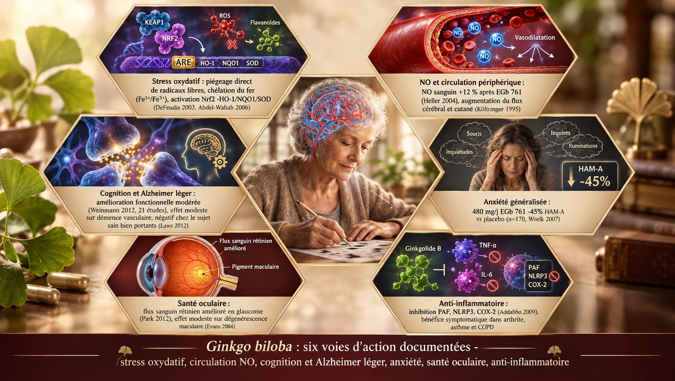Six cibles physiologiques validées : stress oxydatif Nrf2 + chélation du fer, NO endothélial +12 %, cognition (Alzheimer léger, pas sujet sain), anxiété ‑45 % HAM‑A, flux rétinien, anti‑inflammatoire PAF/NLRP3.