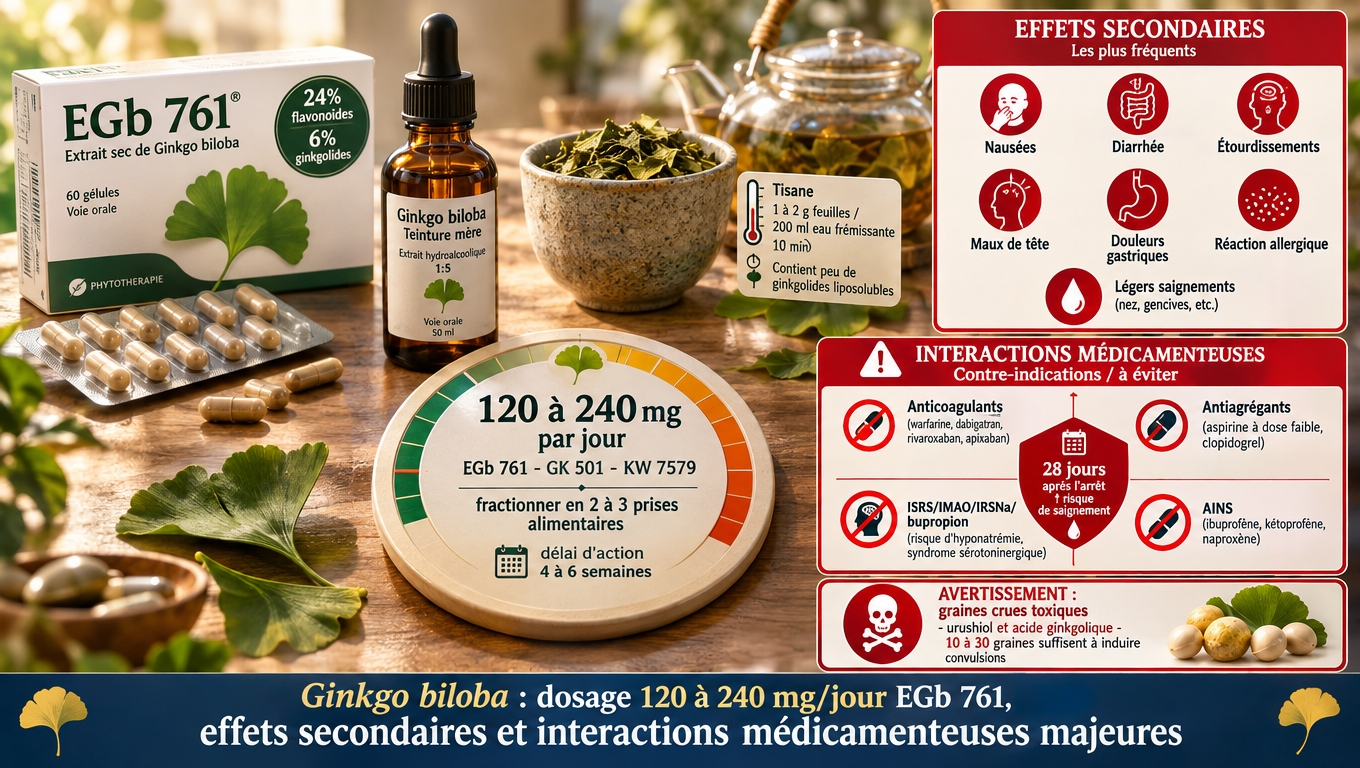  EGb 761® 120‑240 mg/jour en 2‑3 prises pendant 4‑6 semaines ; vigilance maximale avec anticoagulants, ISRS, AINS et aspirine ; ne jamais consommer les graines crues : risque convulsif.