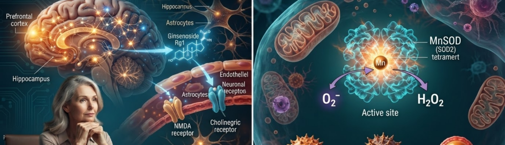 Infographie éditoriale en split‑screen. Moitié gauche : coupe d'un cerveau humain avec cortex préfrontal, hippocampe et ganglions de la base illuminés, réseau neuronal dont les synapses s'activent en doré ; une molécule bleue de ginsénoside Rg1 franchit la barrière hémato‑encéphalique et se fixe sur des récepteurs NMDA et cholinergiques neuronaux pour soutenir les circuits mnésiques ; en avant‑plan, silhouette élégante d'une femme d'âge mûr évoquant l'étude randomisée chez la femme ménopausée. Moitié droite : vue intracellulaire grossie montrant une mitochondrie et, à côté, un tétramère MnSOD (SOD2) avec son atome central de manganèse orange neutralisant un radical superoxyde O₂⁻· violet en peroxyde d'hydrogène H₂O₂ inoffensif ; une particule de LDL oxydé se transforme visuellement en LDL natif non-oxydé, ce qui prévient l'initiation de la plaque d'athérosclérose décrite dans l'article connexe.