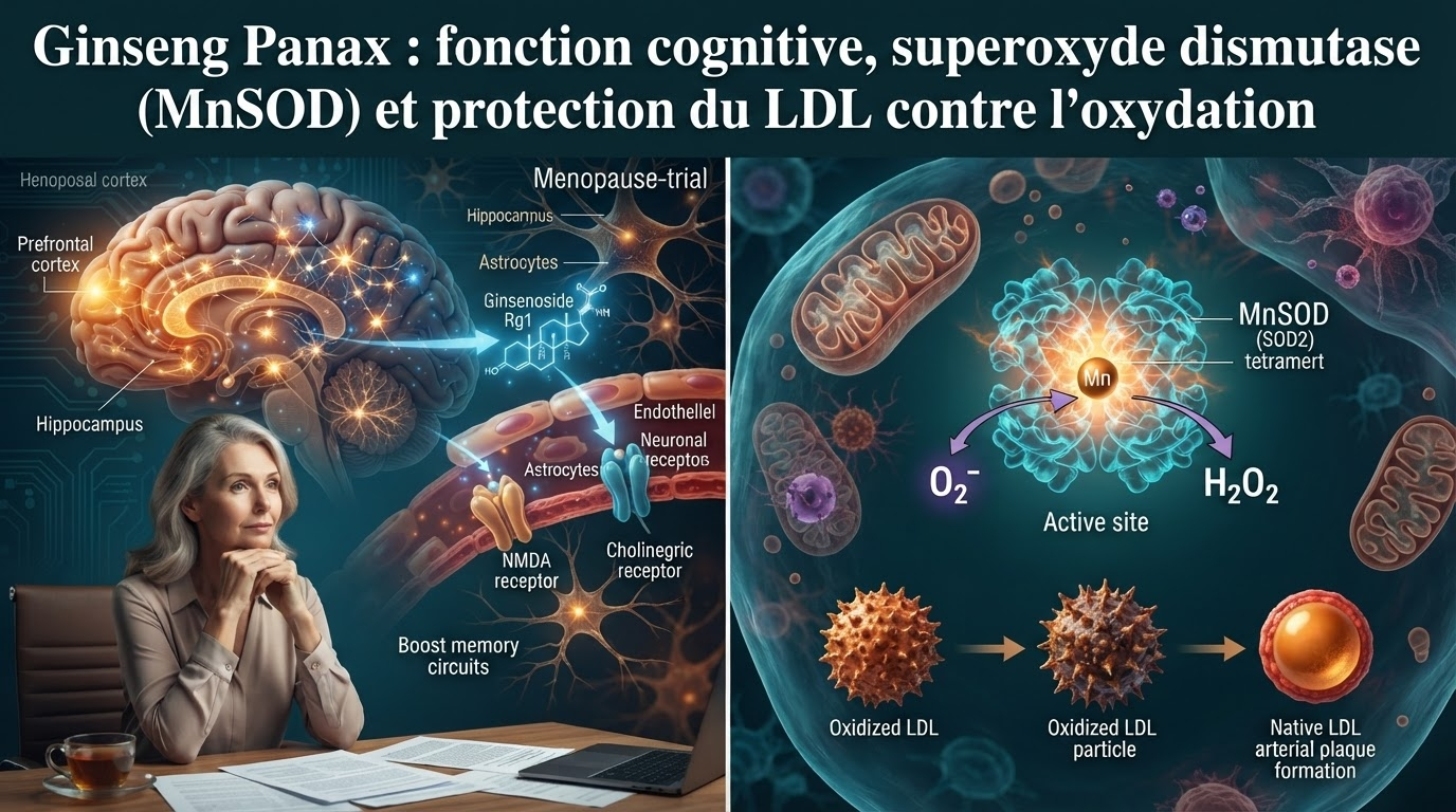 Double mécanisme : amélioration des fonctions cognitives par les ginsénosides et protection antioxydante du LDL via la SOD2 mitochondriale.
