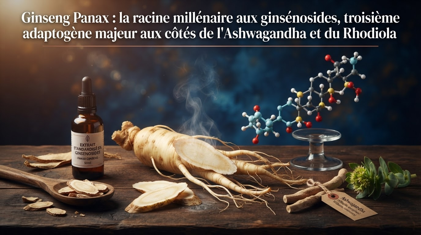 Vue botanique et moléculaire du ginseng, définissant les ginsénosides comme marqueurs distinctifs de la famille Panax.