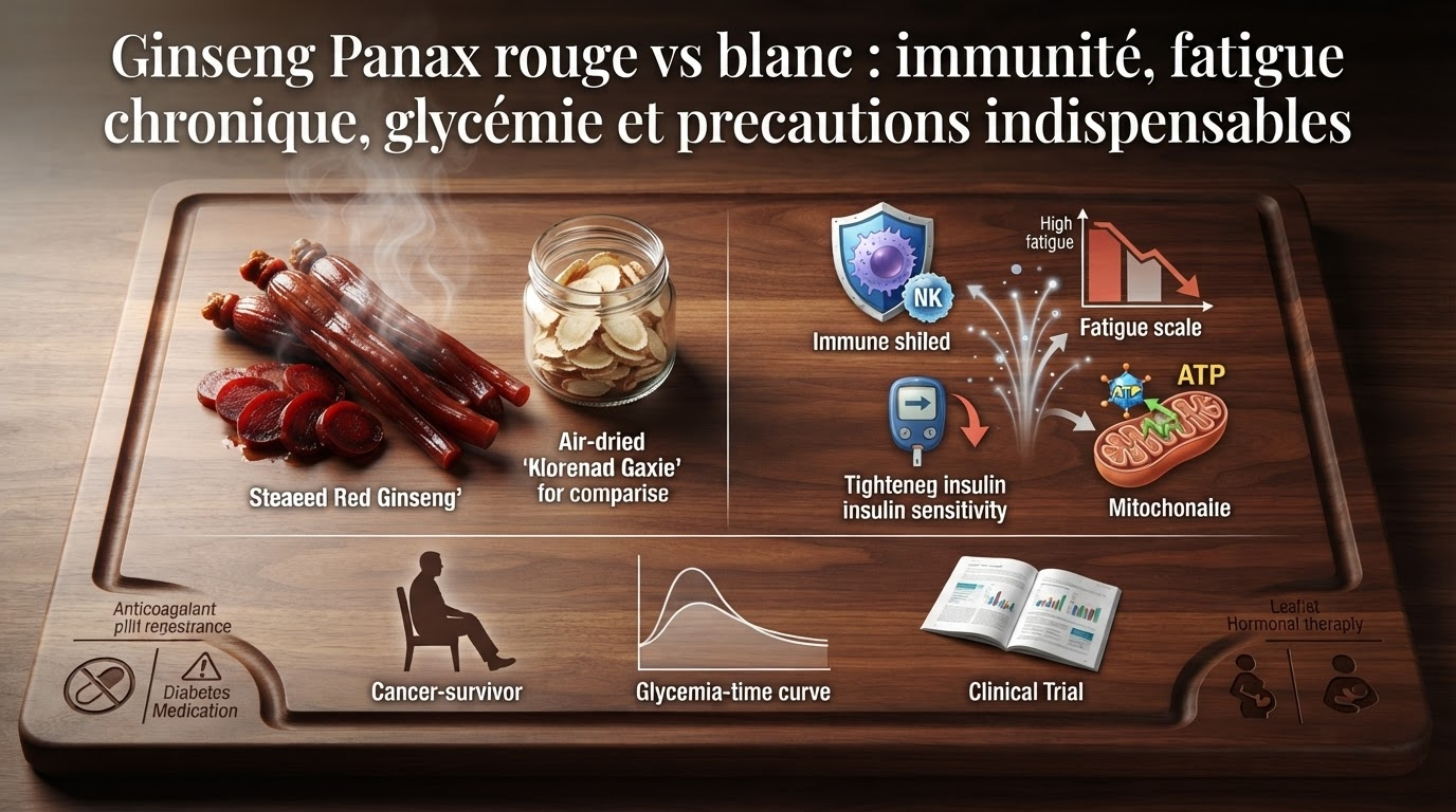 Comparaison ginseng rouge/blanc, indications documentées (immunité, fatigue, glycémie) et profil de sécurité.