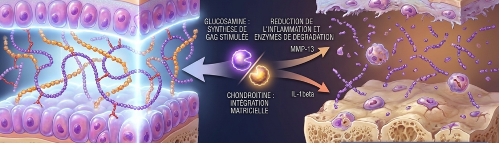 Illustration médicale hyper‑réaliste en split‑screen : à gauche, articulation synoviale saine — surface cartilagineuse lisse, chondrocytes (cellules violet‑rose) nichés dans une matrice extracellulaire densément hydratée, chaînes de chondroïtine‑sulfate (violet‑pourpre) entrelacées avec les agrégats d'aggrécane, molécules de glucosamine (jaune‑or) qui alimentent la biosynthèse des GAG ; à droite, articulation arthrosique avec cartilage aminci, chaînes de GAG fragmentées (débris violet pâle éparpillés), tentatives de réparation des chondrocytes sévèrement compromises ; encart bas‑droite : comparaison schématique essais cliniques européens (sulfate de glucosamine, résultats favorables) versus étude GAIT (chlorhydrate de glucosamine, résultats plus modestes) — variabilité individuelle soulignée.
