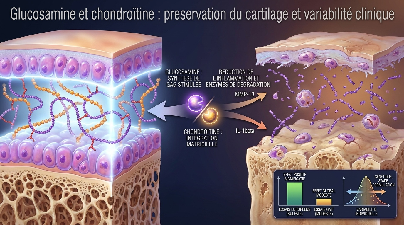 Vue d'ensemble des mécanismes proposés (stimulation de la synthèse des GAG + inhibition des MMP et IL‑1β) et de la réalité clinique contrastée entre les essais européens et l'étude GAIT américaine, facteurs majeurs à considérer avant toute décision de supplémentation.