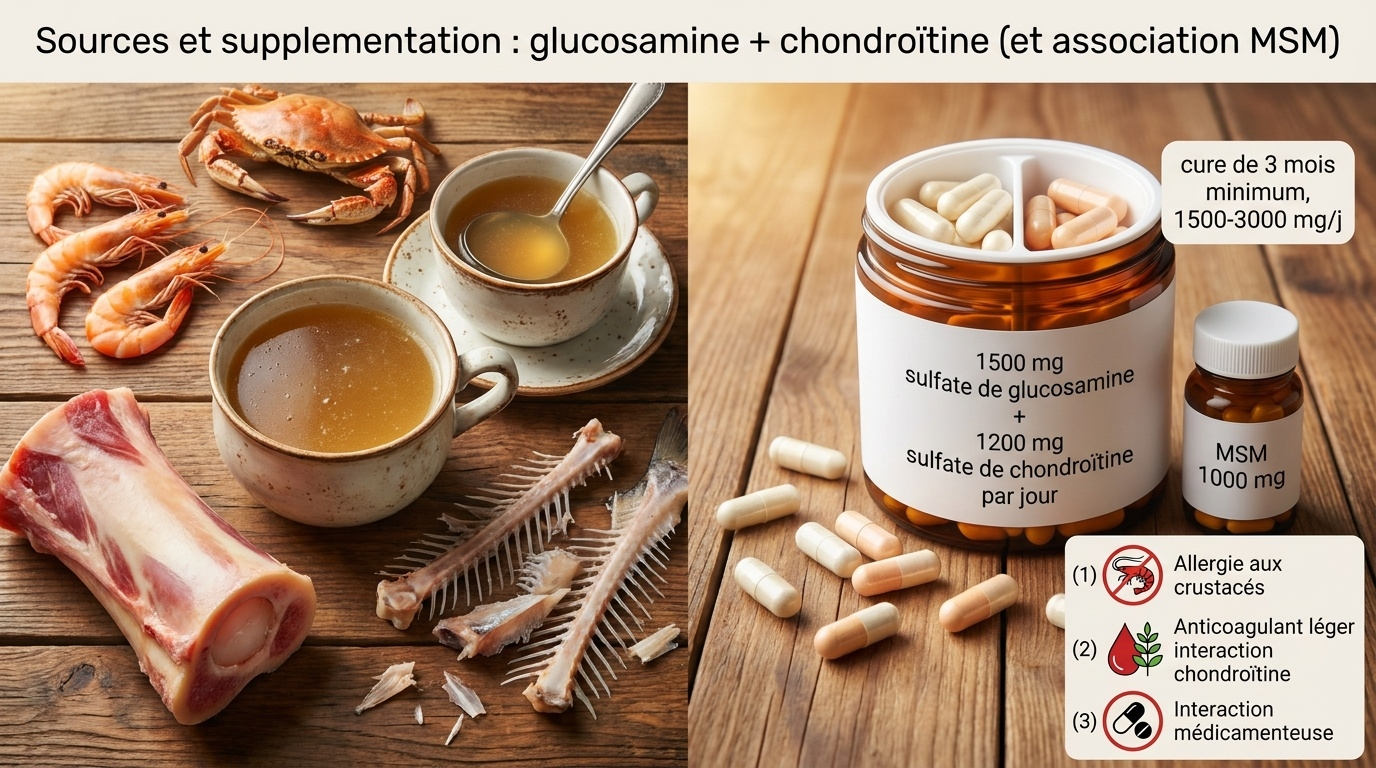 Vue d'ensemble pratique des sources naturelles (carapaces/brochets de crustacés, cartilage bovin/poisson, bouillon d'os) et des formes commerciales standardisées (sulfate de glucosamine 1 500 mg/j + sulfate de chondroïtine 1 200 mg/j), avec les trois pictogrammes de précaution classiques (allergie, anticoagulant, diabète).