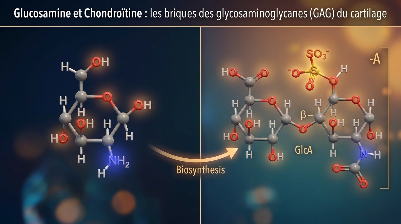 Vue structurale comparative de la glucosamine (précurseur) et de la chondroïtine sulfate (GAG du cartilage articulaire), illustrant leur biosynthèse séquentielle au service de la matrice extracellulaire du cartilage.