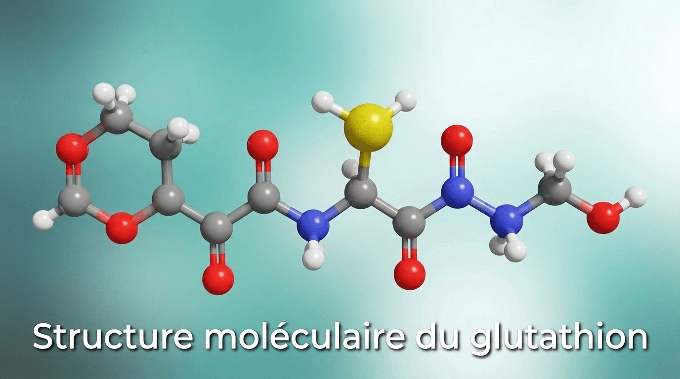 Représentation 3D de la structure moléculaire du glutathion, tripeptide formé de cystéine, glutamate et glycine, illustrant le rôle fondamental de cet antioxydant maître dans la protection cellulaire, la détoxification hépatique et le soutien du système immunitaire.