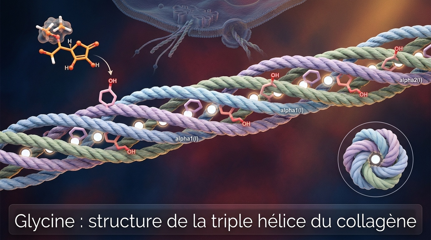 Schéma moléculaire détaillé du rôle architectural de la glycine dans la conformation en triple hélice du collagène (type I) : indispensable tous les trois résidus dans le motif répété –Gly-X-Y–, sans quoi les contraintes stériques centrales interdiraient l'enroulage caractéristique de la protéine structurelle la plus abondante du corps humain.