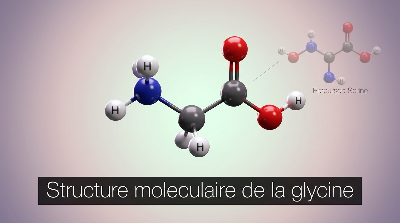 Représentation scientifique détaillée de la glycine — unique acide aminé sans chaîne latérale variable — dont la petite taille moléculaire (atome H en guise de groupe R) est précisément ce qui lui permet d'occuper sans encombrement stérique la position centrale du motif répété du collagène.