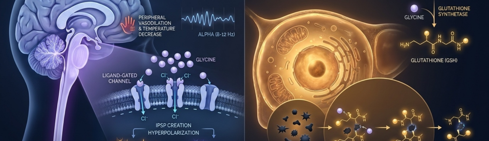 Illustration médicale infographique hyper-réaliste présentant les deux fonctions physiologiques majeures de la glycine : neurotransmetteur inhibiteur central favorisant l'endormissement par thermorégulation (à gauche), et constituant structurel du tripeptide glutathion partenaire de la détoxication hépatique (à droite).