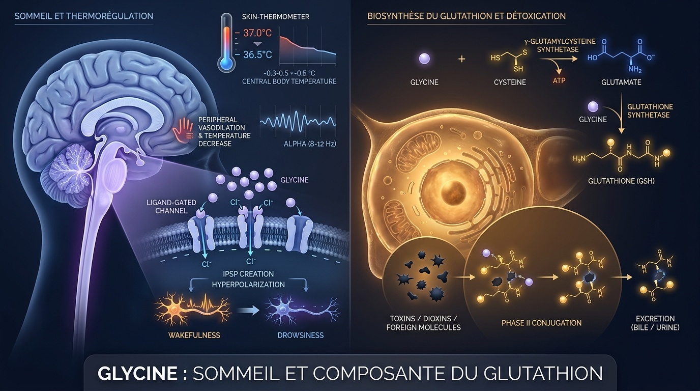 Schéma bi-fonctionnel illustrant la polyvalence de la glycine : (1) neurotransmetteur inhibiteur du système nerveux central (moelle épinière, tronc cérébral) qui, pris avant le coucher, accélère l'endormissement et améliore la qualité subjective du sommeil via une légère baisse de la température centrale ; (2) acide aminé constitutif du glutathion, l'antioxydant maître de l'organisme, soutenant indirectement le réseau de défense redox et la détoxification hépatique.