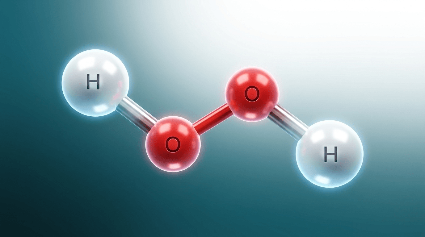 Représentation scientifique précise de la molécule H2O2, molécule oxydante simple mais puissante, à la fois produit d'usage courant et acteur du métabolisme cellulaire.