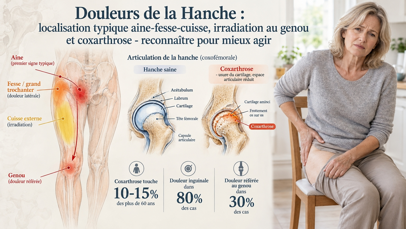 Douleur typique à l'aine (80 %), irradiation au genou (30 %), coxarthrose 10–15 % après 60 ans ; repérer les pièges diagnostiques (tendinopathie glutéale, FAI, bursite trochantérienne).