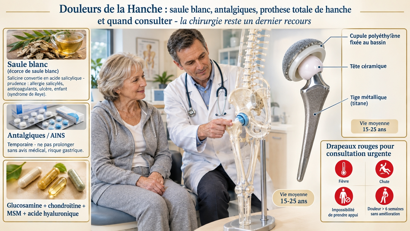 Saule blanc (salicine, prudence enfant/syndrome de Reye), AINS en cure courte, glucosamine + chondroïtine + MSM + AH en soutien ; prothèse de hanche = dernier recours : drapeaux rouges fièvre, chute, > 6 semaines pour consulter.