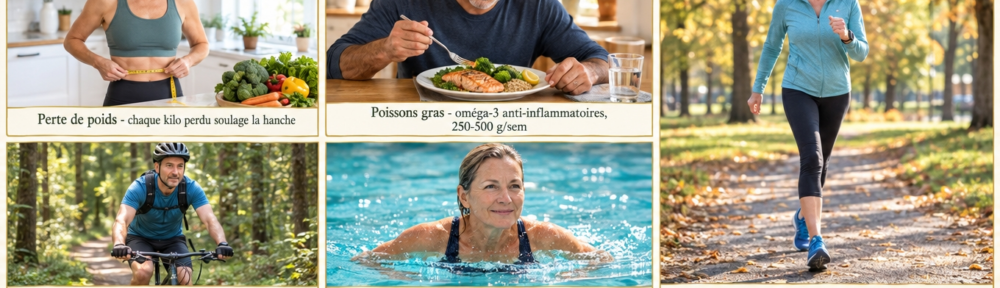 Photographies documentaires de cinq personnes réelles : (1) une femme de 55 ans mesurant son tour de taille dans une cuisine claire avec légumes frais sur le comptoir ; (2) un homme de 50 ans d'origine méditerranéenne dégustant du saumon grillé, brocoli vapeur et quinoa ; (3) une femme de 60 ans pratiquant la marche nordique dans un parc baigné de soleil ; (4) un homme de 45 ans faisant du vélo en forêt ; (5) une femme de 58 ans nageant la brasse en piscine extérieure turquoise.