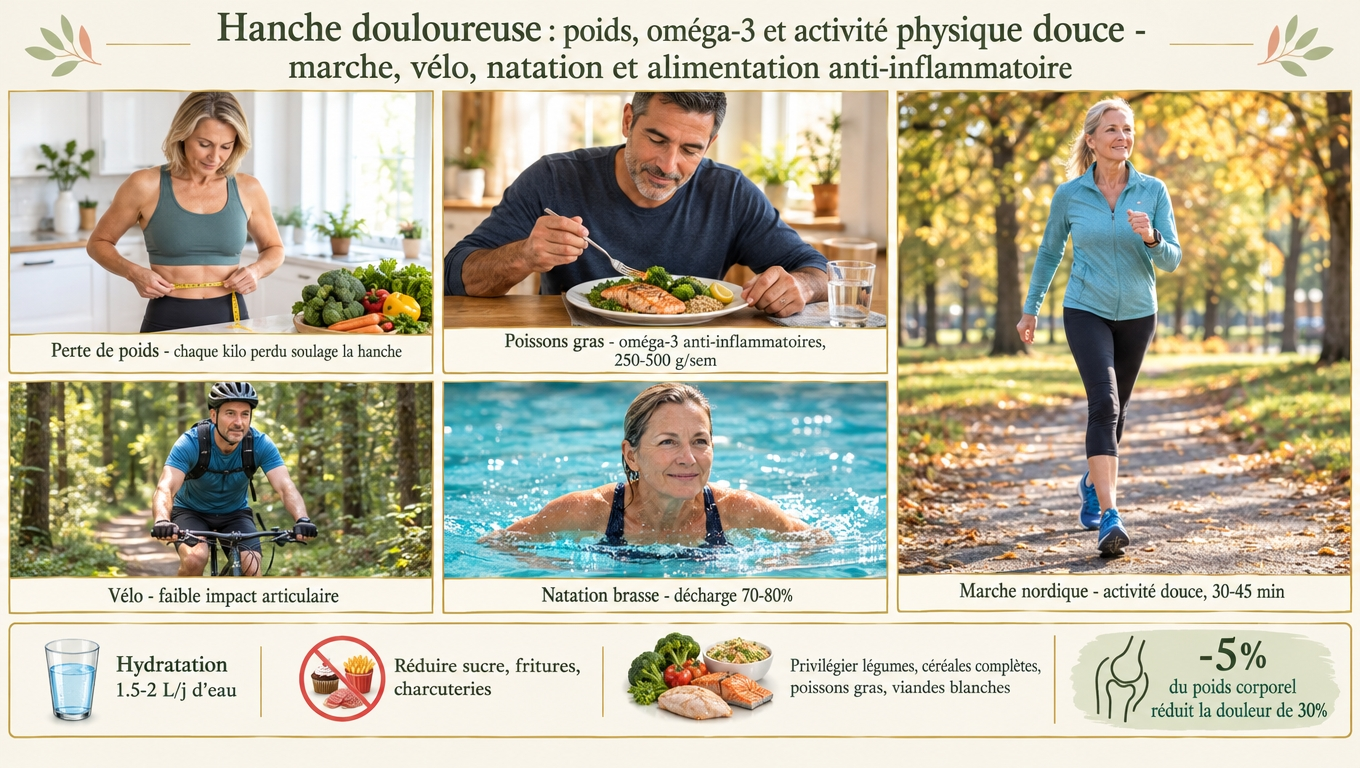Perdre 5 % du poids soulage 30 % de la douleur ; oméga-3 anti-inflammatoires (EPA/DHA) ; marche, vélo, natation + alimentation méditerranéenne.