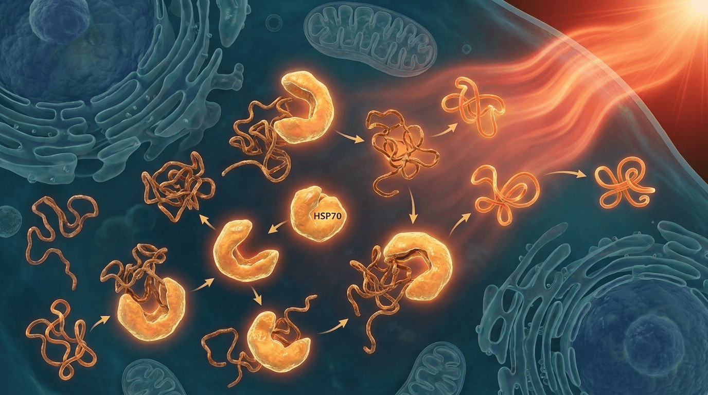 Schéma moléculaire haute précision illustrant le rôle central des heat shock proteins (HSP) qui, activées par la chaleur, réparent les protéines endommagées et maintiennent l'homéostasie cellulaire.