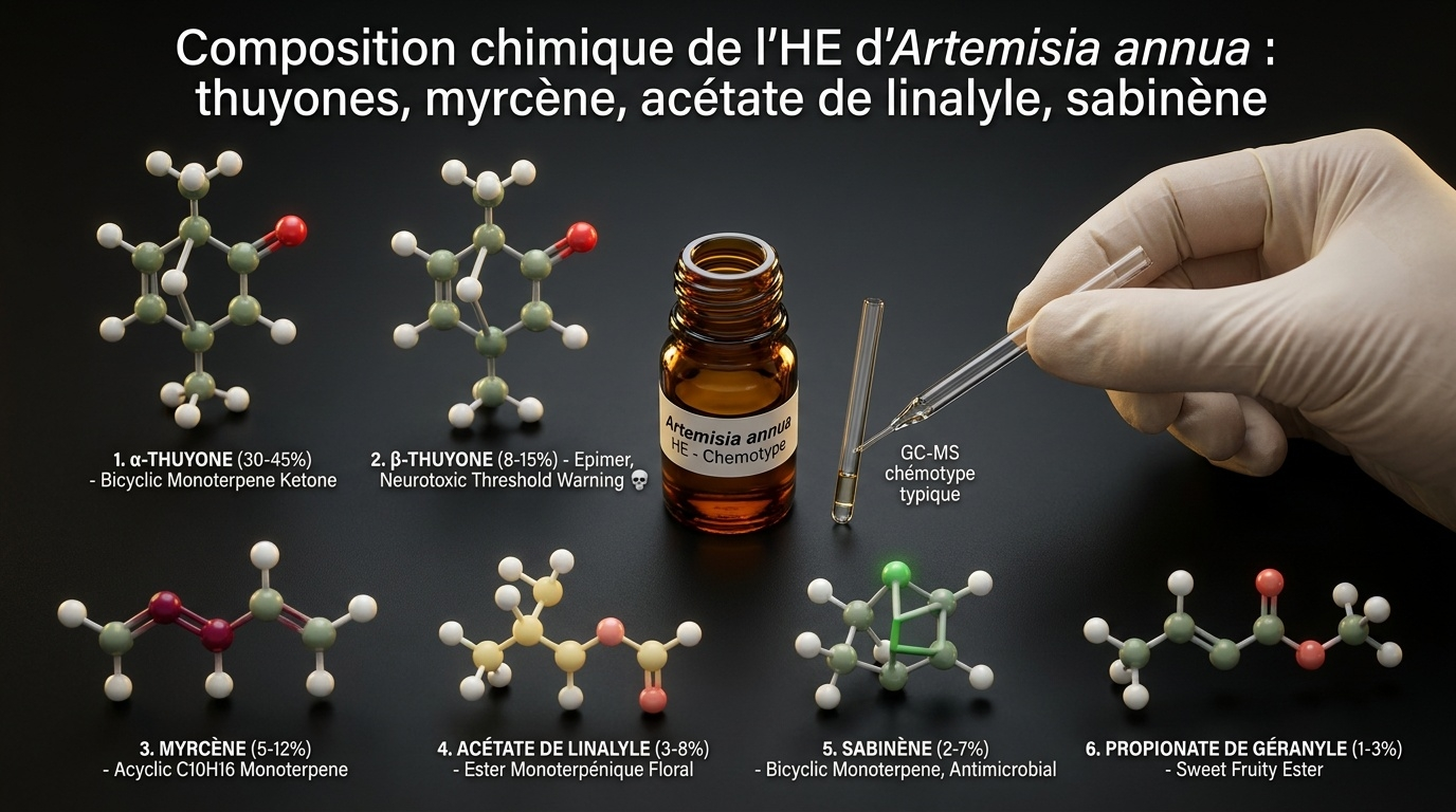  Vue zénithale documentaire des six molécules clés du chémotype de l'huile essentielle d'Artemisia annua.
