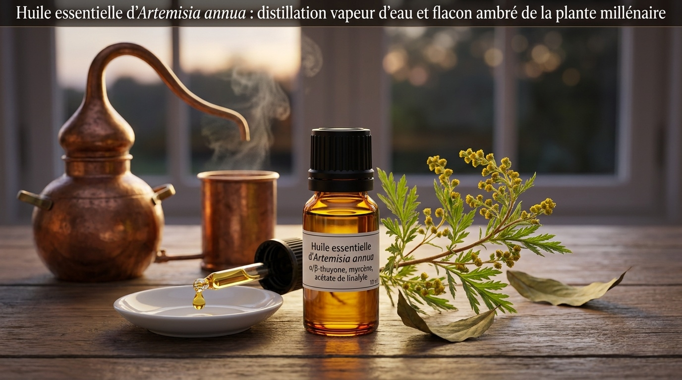 Mise en scène documentaire de l'extraction traditionnelle de l'huile essentielle d'Artemisia annua par hydrodistillation.