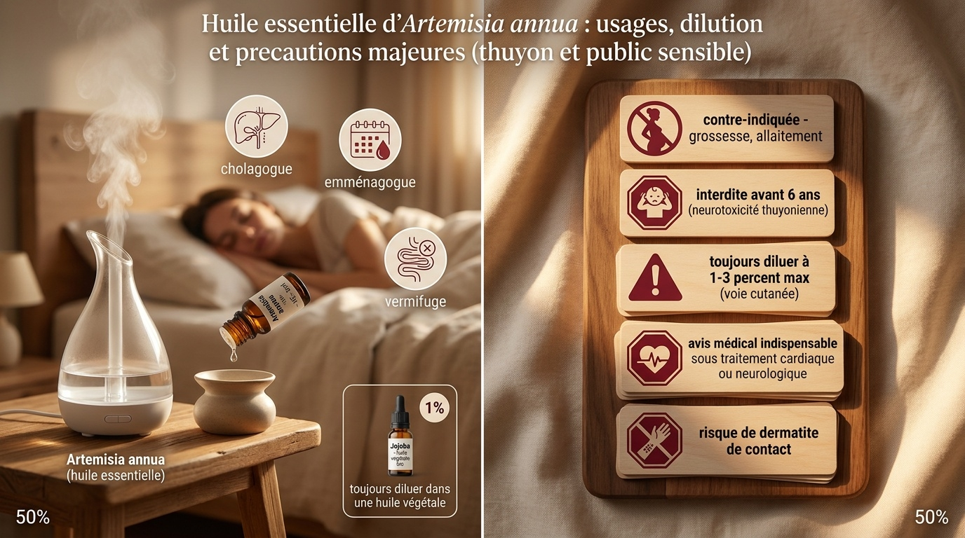 Diptyque montrant d'un côté les usages traditionnels (diffusion, dilution) et de l'autre les principales contre‑indications de l'huile essentielle d'Artemisia annua.