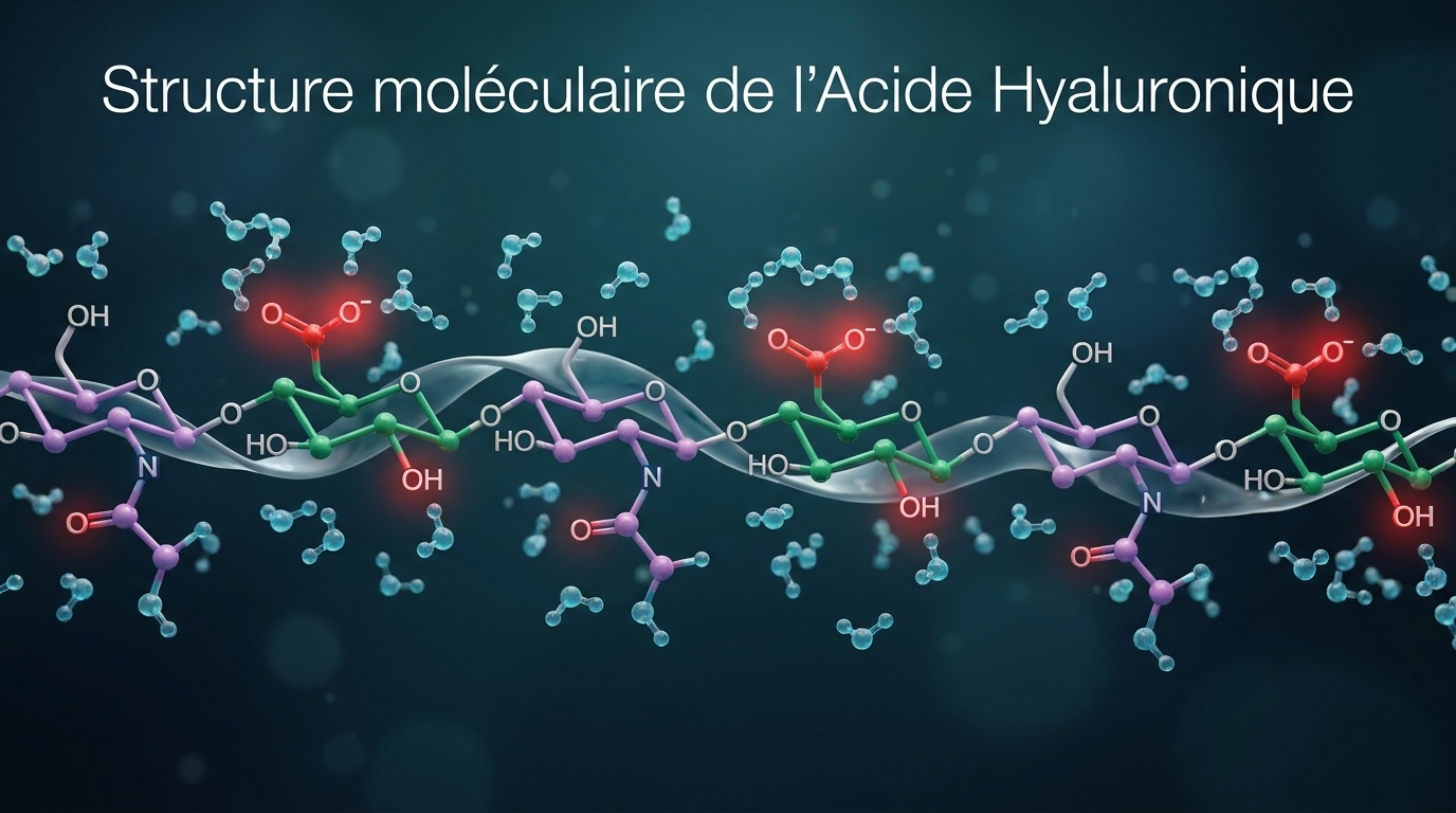 Représentation scientifique détaillée du hyaluronane, polymère linéaire d'unités disaccharidiques capables de retenir jusqu'à six litres d'eau par gramme.