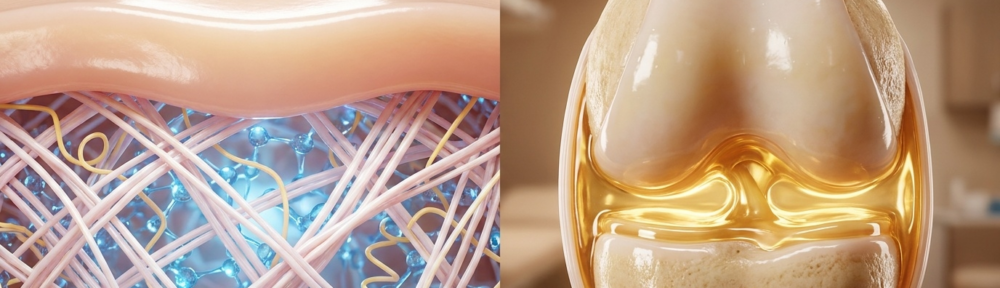 Illustration médicale hyper‑réaliste en split‑screen : à gauche, coupe transversale de peau jeune et hydratée montrant les fibres de collagène (rose‑blanc) et d'élastine (jaune) baignant dans un gel dense d'acide hyaluronique (bleu translucide) et une couche cornée lisse et lumineuse ; à droite, articulation synoviale du genou avec cartilage couvert d'un liquide synovial doré visqueux riche en acide hyaluronique, amortissant les chocs entre les surfaces osseuses.