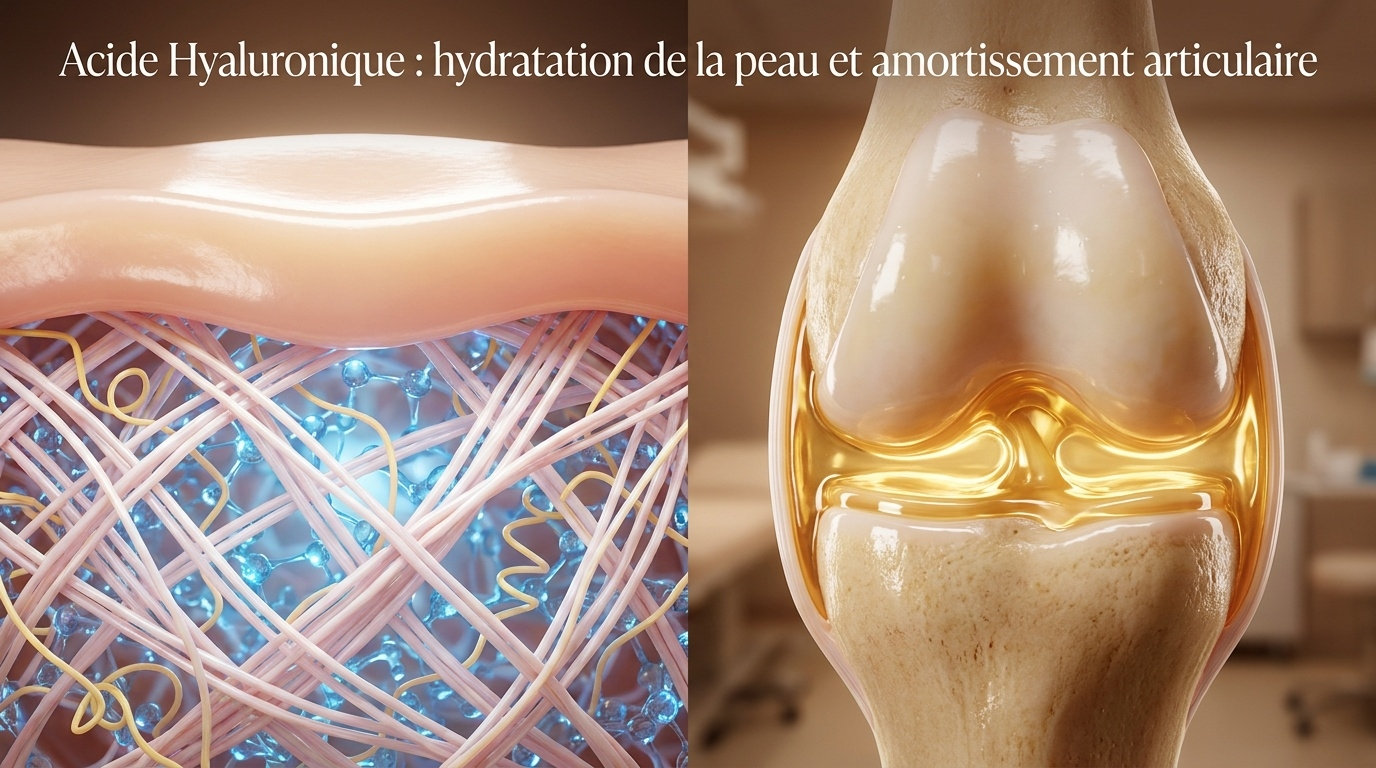 Vue comparative du rôle de l'acide hyaluronique dans deux tissus clés : hydratation du derme cutané et lubrification/amortissement des articulations synoviales.