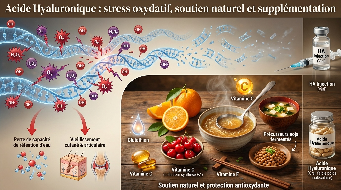 Vision complète combinant la vulnérabilité du hyaluronane aux radicaux libres et les leviers concrets pour soutenir sa synthèse et sa préservation : vitamine C, précurseurs fermentés (natto, miso), bouillon d'os, et supplémentation orale en bas poids moléculaire.
