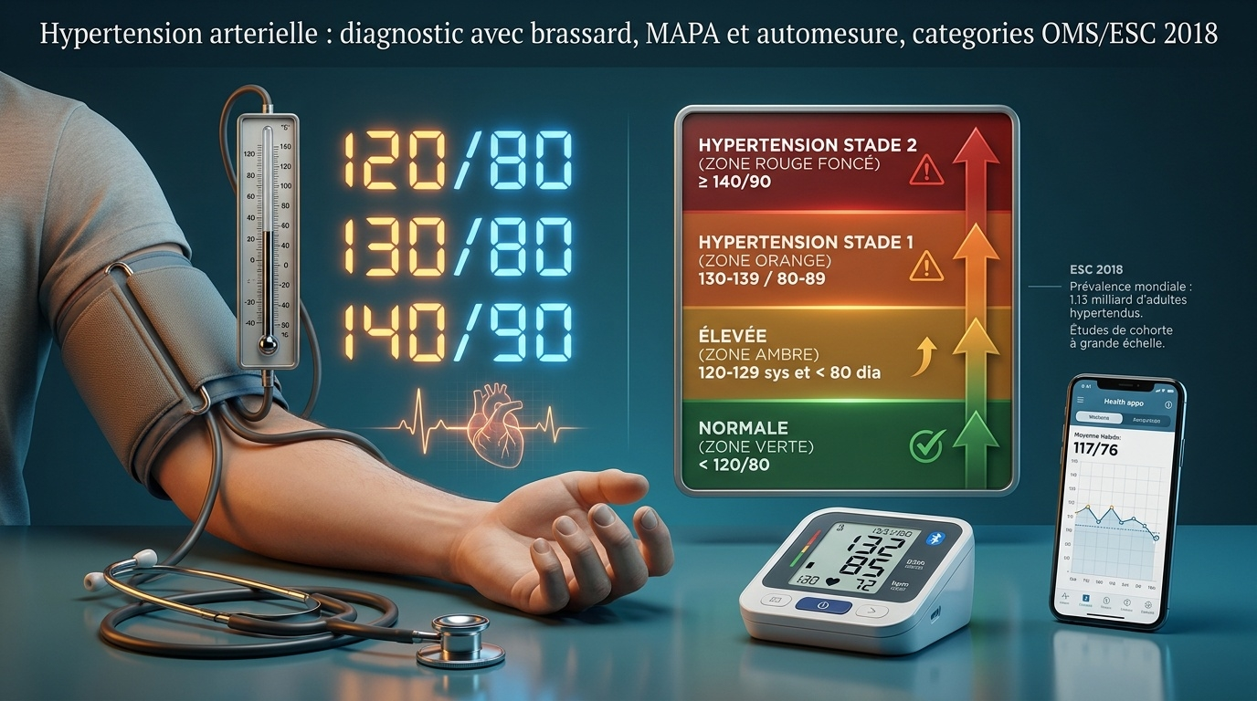 Vue didactique : mesure au brassard et automesure à domicile, classification ESC 2018, MAPA et prévalence mondiale.