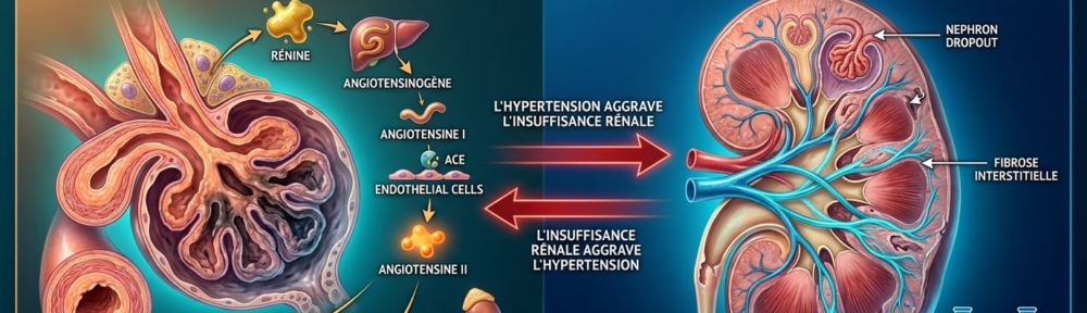 Infographie médicale split‑screen sur fond teal‑cobalt profond montrant le cercle vicieux bidirectionnel entre hypertension et maladie rénale chronique. Moitié gauche : néphrosclérose hypertensive — gros plan des artérioles glomérulaires avec hyalinose artériolaire (dépôts hyalins amorphes roses), rétrécissement luminal, sclérose glomérulaire ; coupes des artérioles afférentes et efférentes montrant le remodelage hypertensif ; icône du SRAA (système rénine‑angiotensine‑aldostérone) — libération de rénine par les cellules juxtaglomérulaires, conversion hépatique de l'angiotensinogène en angiotensine I, puis ACE endothéliale pulmonaire formant l'angiotensine II (orange), fixation sur récepteurs AT1 induisant vasoconstriction et stimulation de l'aldostérone qui retient Na⁺ et eau. Moitié droite : coupe de rein illustrant la progression MRC — hyperfiltration puis perte néphronique, fibrose interstitielle en bandes cyan, élévation créatinine/urée. Flèche rouge bidirectionnelle centrale : « HTA → IRC » puis « IRC → HTA ». Palette ambre‑cobalt, rendu photoréaliste 16:9.