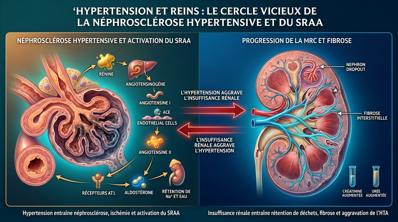Mécanisme du cercle vicieux entre néphrosclérose hypertensive et activation du SRAA : la pression abîme les artérioles, le rein malade aggrave la pression.