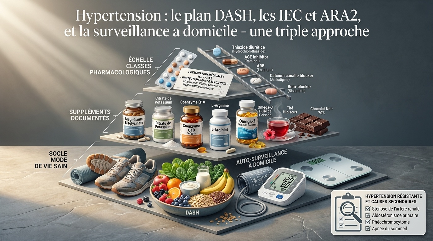 Pyramide thérapeutique complète — mode de vie DASH, suppléments documentés, IEC/ARA2 néphroprotecteurs, surveillance à domicile.