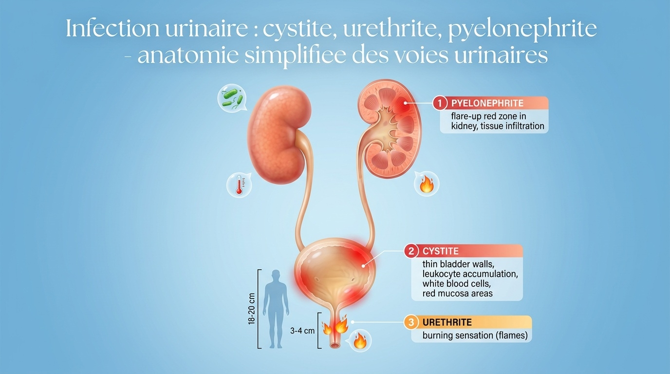 Vue d'ensemble anatomique simplifiée des voies urinaires féminines et des trois localisations typiques de l'infection (cystite, urétrite, pyélonéphrite).