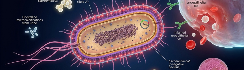visualisation scientifique cinématographique sur fond marine profond. Au centre, Escherichia coli agrandie (bacille à coloration Gram négatif, 2 µm de long) en cross-section : membrane externe avec lipopolysaccharides (LPS, pointillés rouge vif au lipide A), espace périplasmique violet, fine couche de peptidoglycane ambre, membrane cytoplasmique interne. Pili (fimbriae) bien visibles — type 1 et P pili — filaments protéiques roses tendus vers les récepteurs uroplakine Ia (trimères Y verts) des cellules uro‑épithéliales. À l'intérieur du bacille : nucléoïde, ribosomes et petit plasmide porteur de gènes de résistance (β‑lactamase blaTEM). Autour, autres pathogènes (Staphylococcus saprophyticus, Klebsiella pneumoniae), microcalcifications urinaires, hématies et leucocytes diffusant de l'uro‑épithélium inflammé. Encart inférieur : uroculture sur gélose MacConkey montrant colonies lactose‑fermentantes roses typiques d'E. coli. Lumière studio bioluminescente.