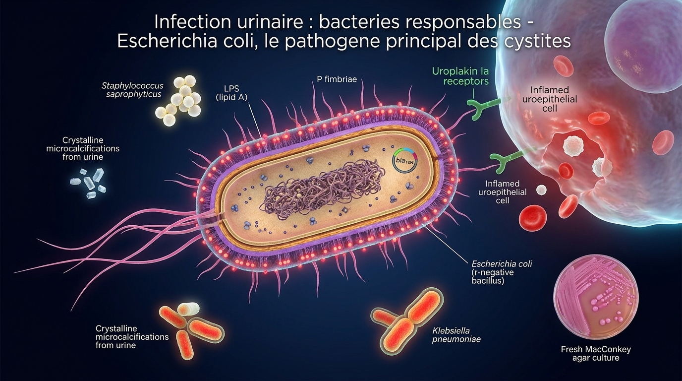 Mise en regard du pathogène majeur des cystites avec ses facteurs de virulence : pili, LPS, β-lactamase, et cocci associés.