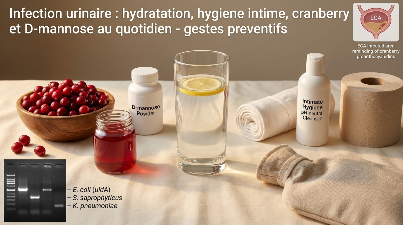 Vue d'ensemble des gestes préventifs quotidiens : hydratation, hygiène intime douce, cranberry de type A, D‑mannose, bouillotte apaisante.