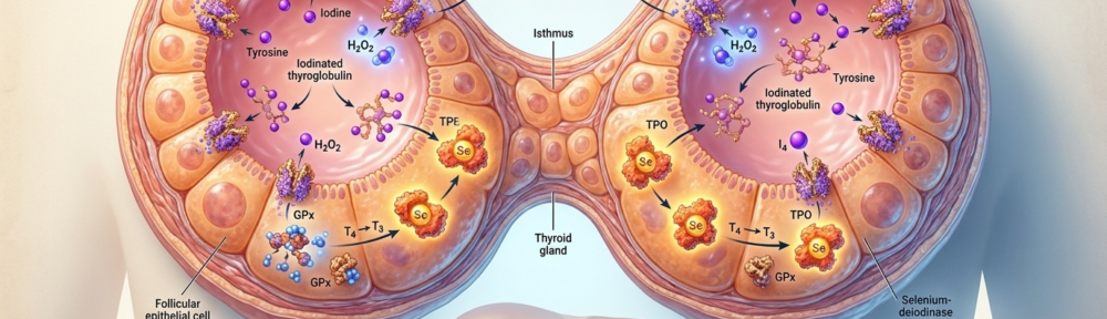 Illustration anatomique hyper-réaliste en coupe histologique de la glande thyroïde montrant les follicules thyroïdiens : iodation de la thyroglobuline par la thyroperoxydase (TPO) au pôle apical, production de H₂O₂, conversion séléno-dépendante T4→T3 par les désiodases et neutralisation par la glutathion peroxydase (GPx).
