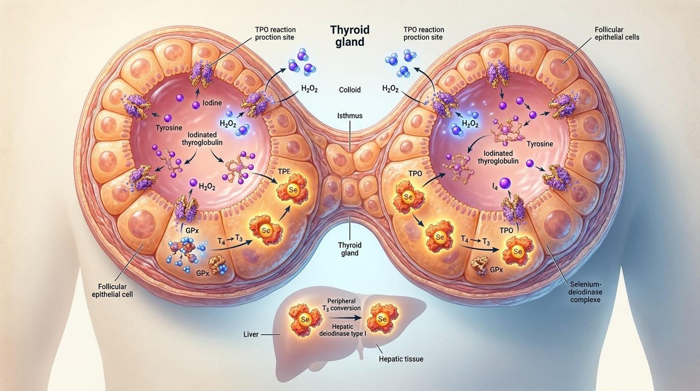 Visualisation histologique détaille du partenariat indissociable iode-sélénium : iode incorporé dans la thyroglobuline au sein des follicules thyroïdiens, sélénium comme cofacteur des désiodases (conversion T4→T3) et de la GPx (neutralisation du H₂O₂ généré par la TPO).