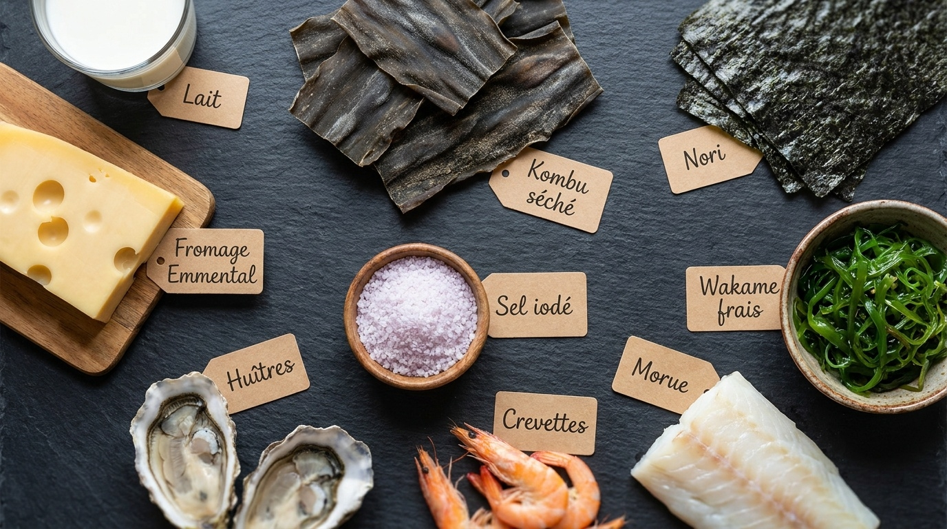 Composition culinaire top-down des meilleures sources alimentaires d'iode, dominées par les algues marines (kombu champion à plusieurs milliers de µg/g selon espèces), complétées par poissons de mer (morue), fruits de mer (crevettes, huîtres), sel iodé, produits laitiers et fromage affiné.