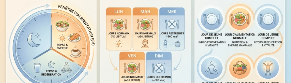 Infographie présentant les trois principaux protocoles de jeûne intermittent : 16/8, 5:2 et jeûne alterné, avec une visualisation claire des fenêtres alimentaires et des périodes de restriction calorique.