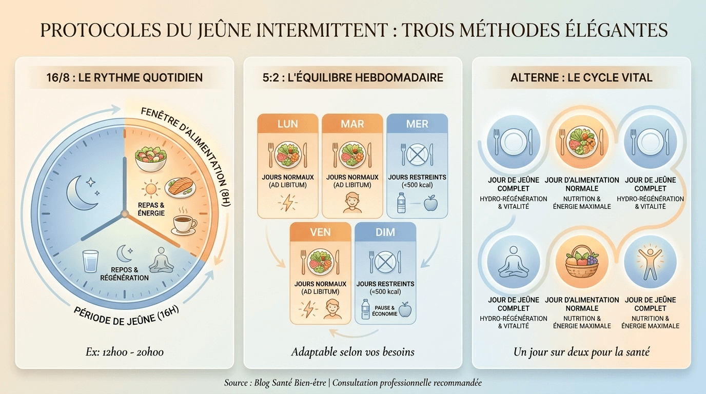 Infographie comparative claire permettant aux lecteurs francophones de visualiser en un coup d'œil les trois grandes stratégies de jeûne intermittent documentées dans la littérature scientifique.