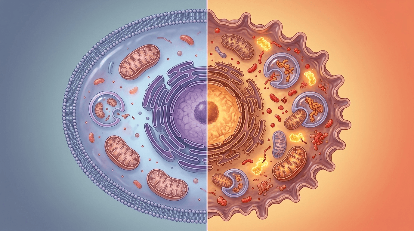 Comparaison cellulaire médicale montrant l'intensification des mécanismes d'autophagie et du stress métabolique lors du jeûne sec par rapport au jeûne hydrique classique.